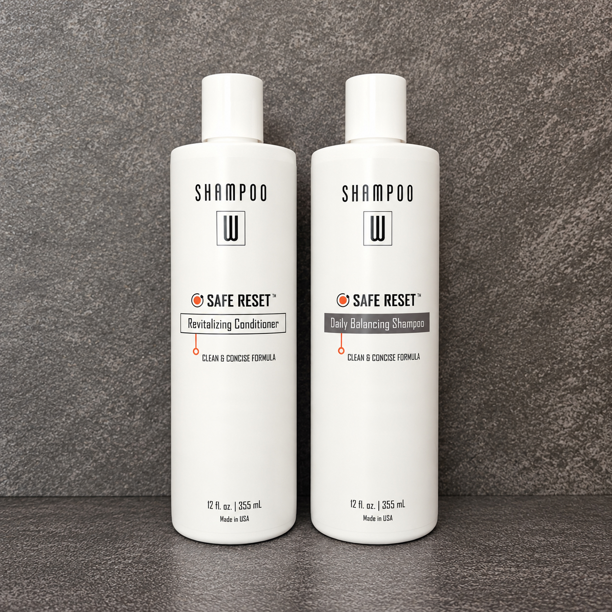 Safe Reset Duo shampoo and conditioner bottles in a bath tile setting