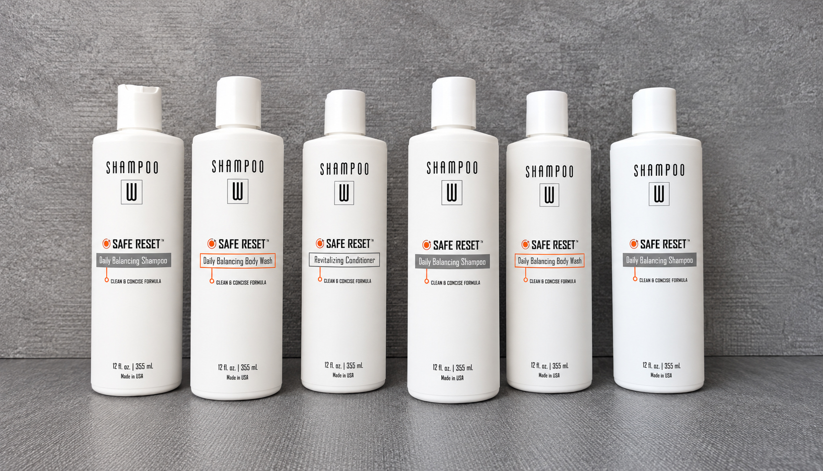 Safe Reset shampoo, conditioner and body wash in a group