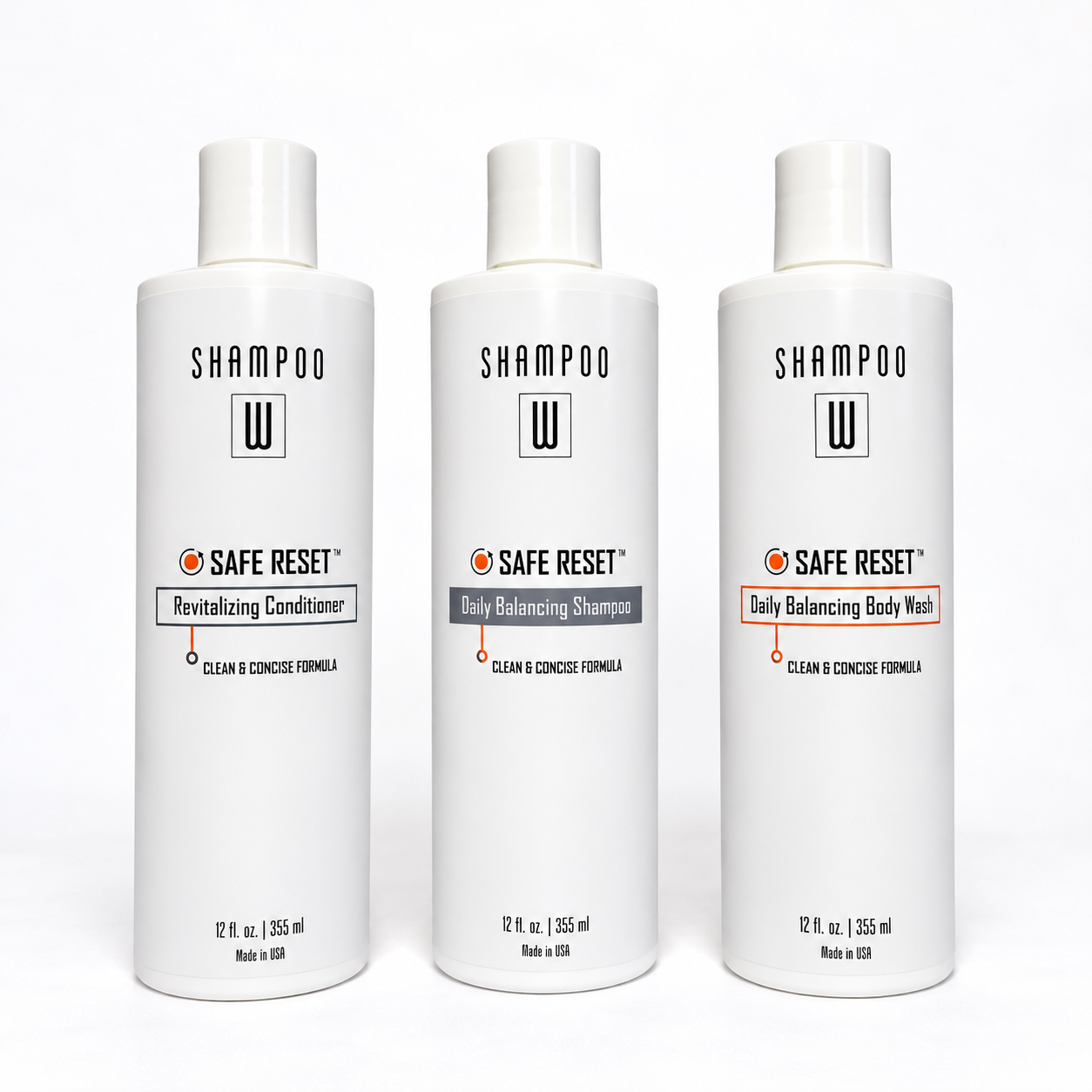 Safe Reset Trio featuring Revitalizing Conditioner, Daily Balancing Shampoo, and Daily Balancing Body Wash on a white background